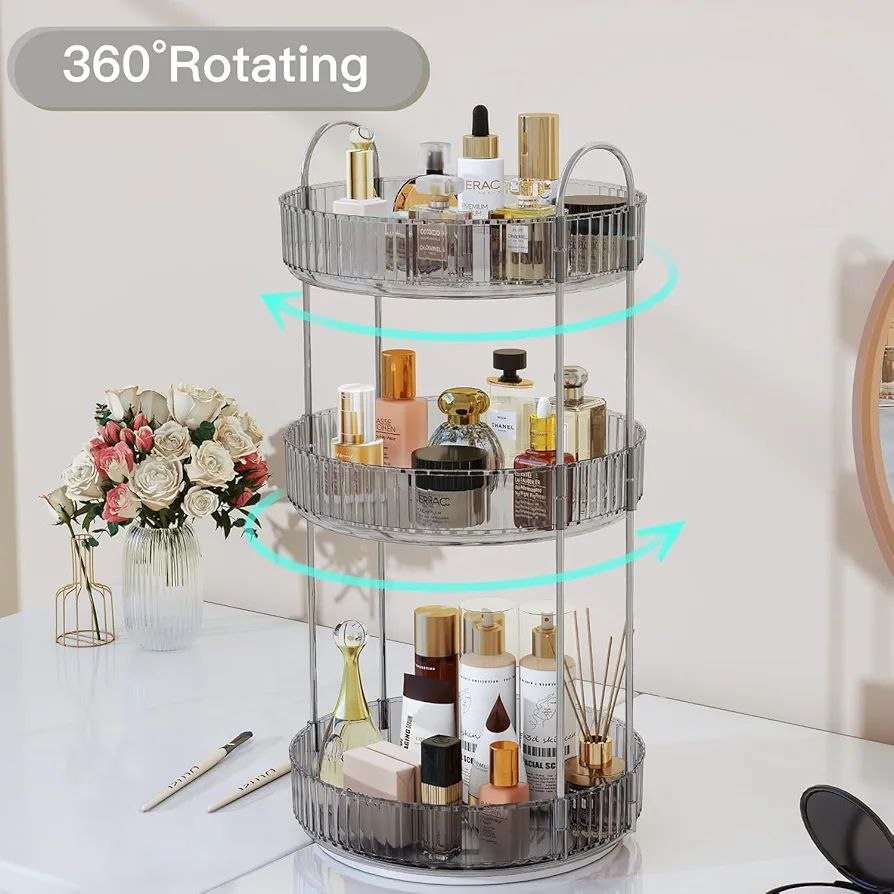 ✅ منظم مكياج دوار لطاولة الزينة، 3 طبقات، يدور 360 درجة، سعة كبيرة، تخزين شفاف لمستحضرات العناية بالبشرة